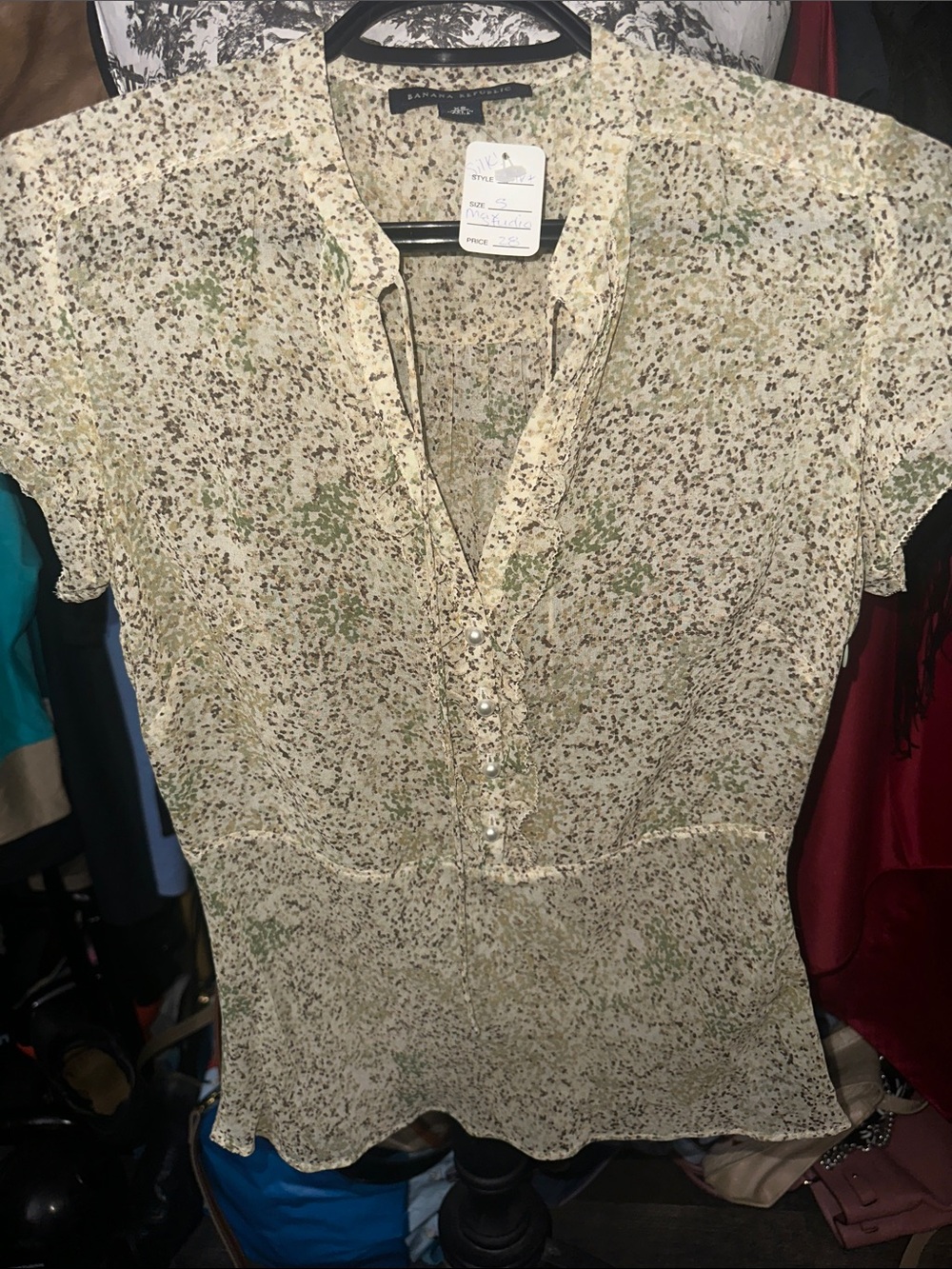 Banana Republic Cream Short-Sleeve Floral Speckle Blouse